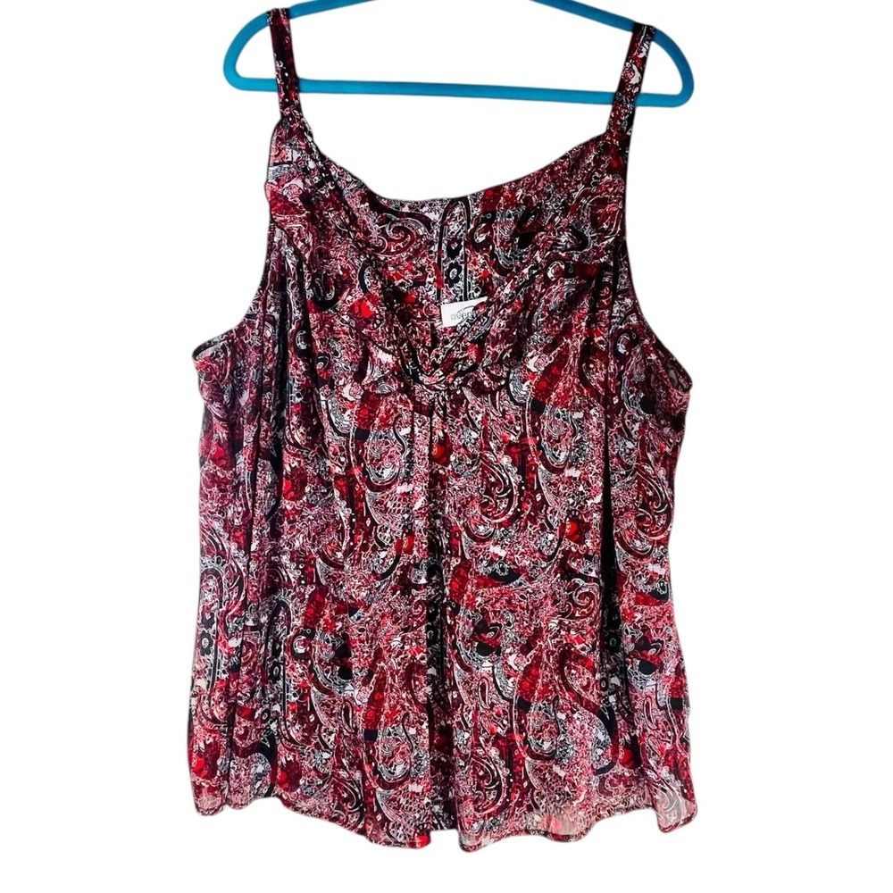 Avenue Paisley Crepe‎ Top 26 28 Red Black Sleeveless Ruffle Tank Sheer